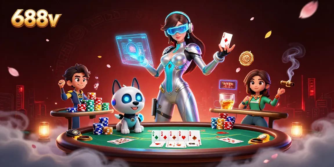 Engage in thrilling gameplay at 688v with a 3D casino scene featuring dynamic cards and chips.