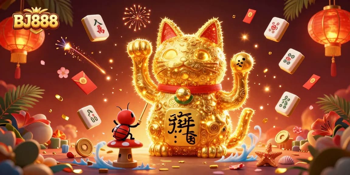 Engage in exhilarating gameplay at BJ888 with a lively illustration of a golden cat embodying luck.