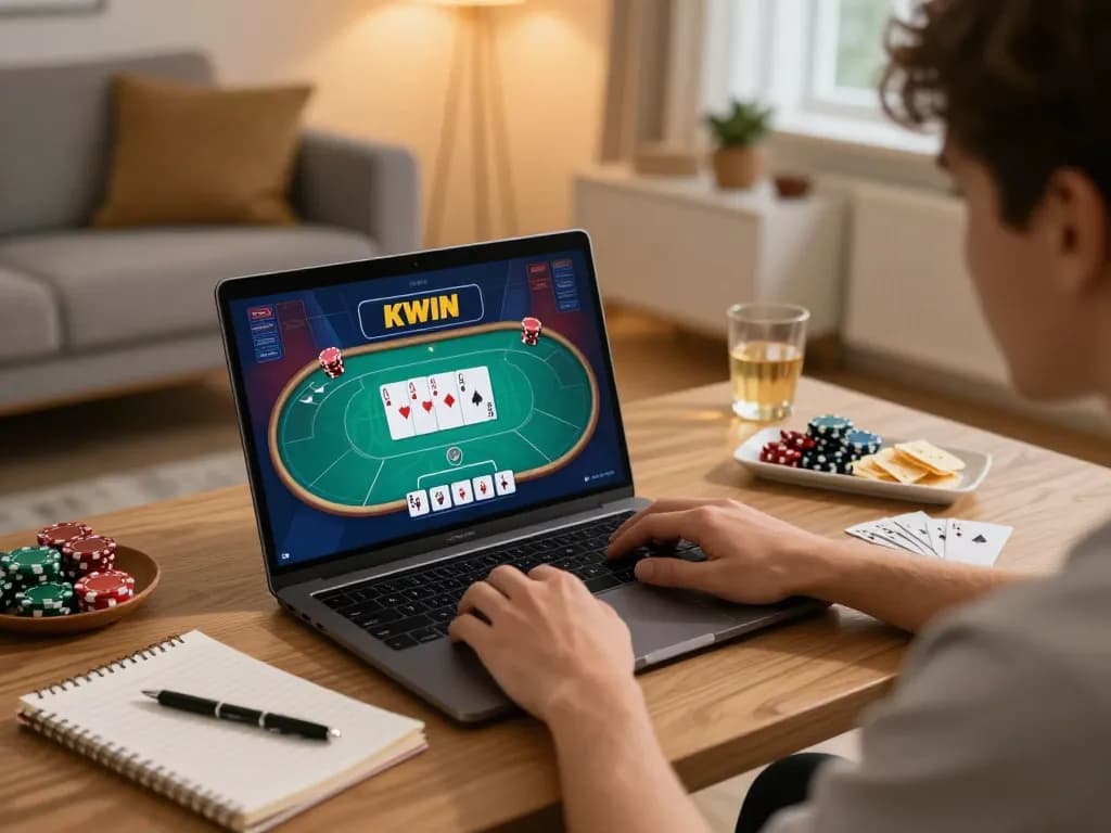 Player enjoying an online poker game at KWIN from a cozy home setup with vibrant screen