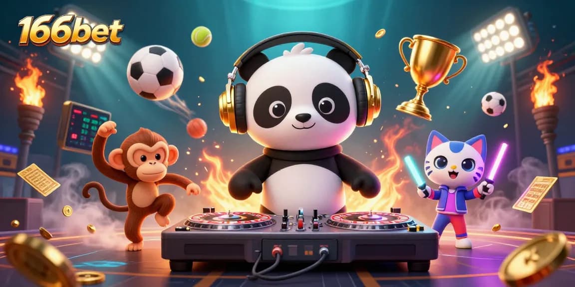 Engage with the 166bet gaming experience featuring a DJ panda, dancing monkey, and glow-stick kitten.