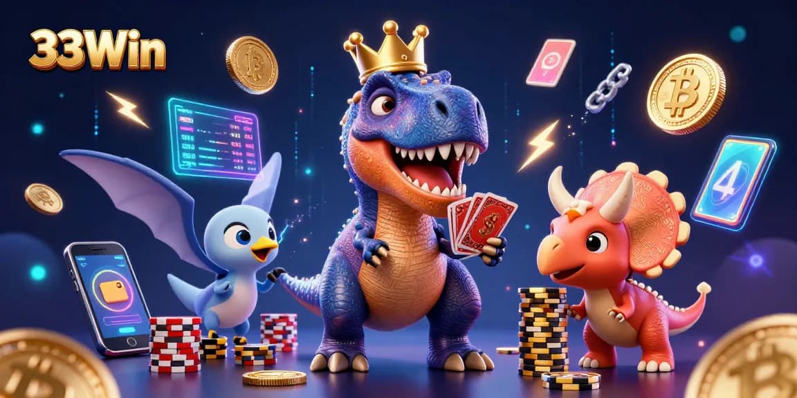Engage in thrilling action with 33Win as friendly dinosaur characters shuffle cards and stack chips.