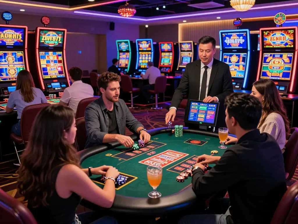 Players enjoy a thrilling MM88 online casino experience with vibrant gaming screens and lively atmosphere.