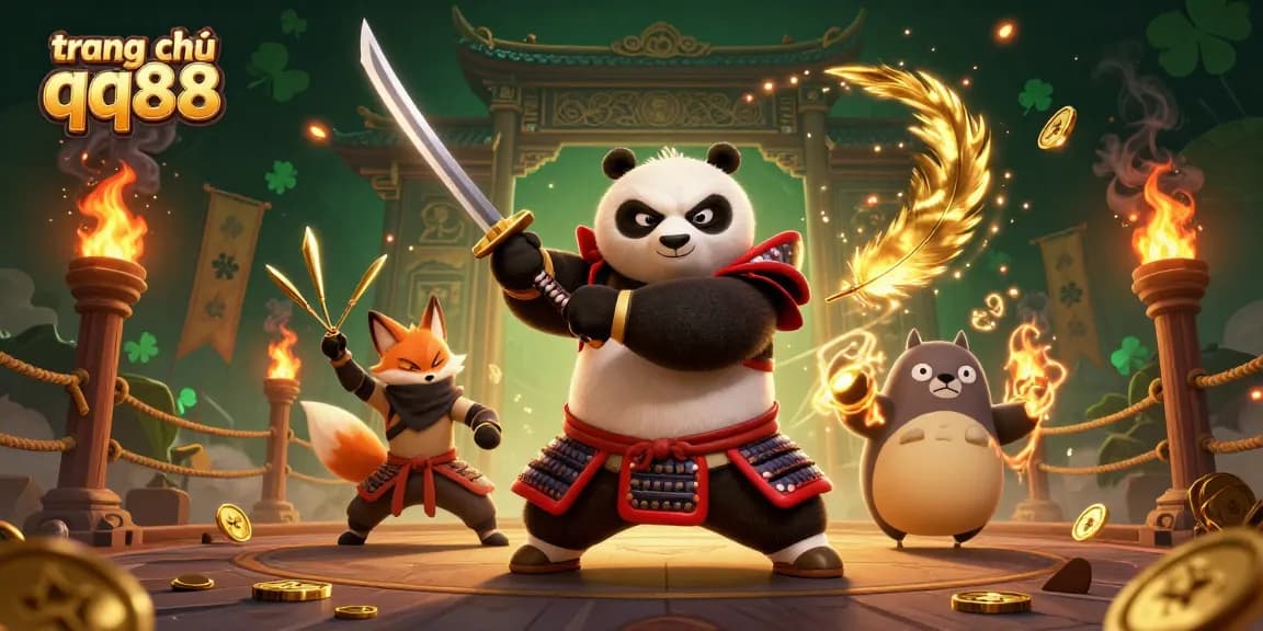 Experience gaming with trang chủ qq88 through a vibrant scene of samurai panda and ninja fox, highlighting casino excitement.
