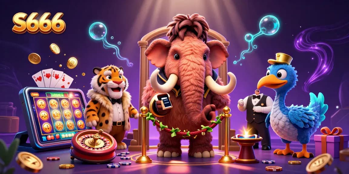 S666 captivates players with vibrant slot games as a woolly mammoth bouncer oversees the fun.