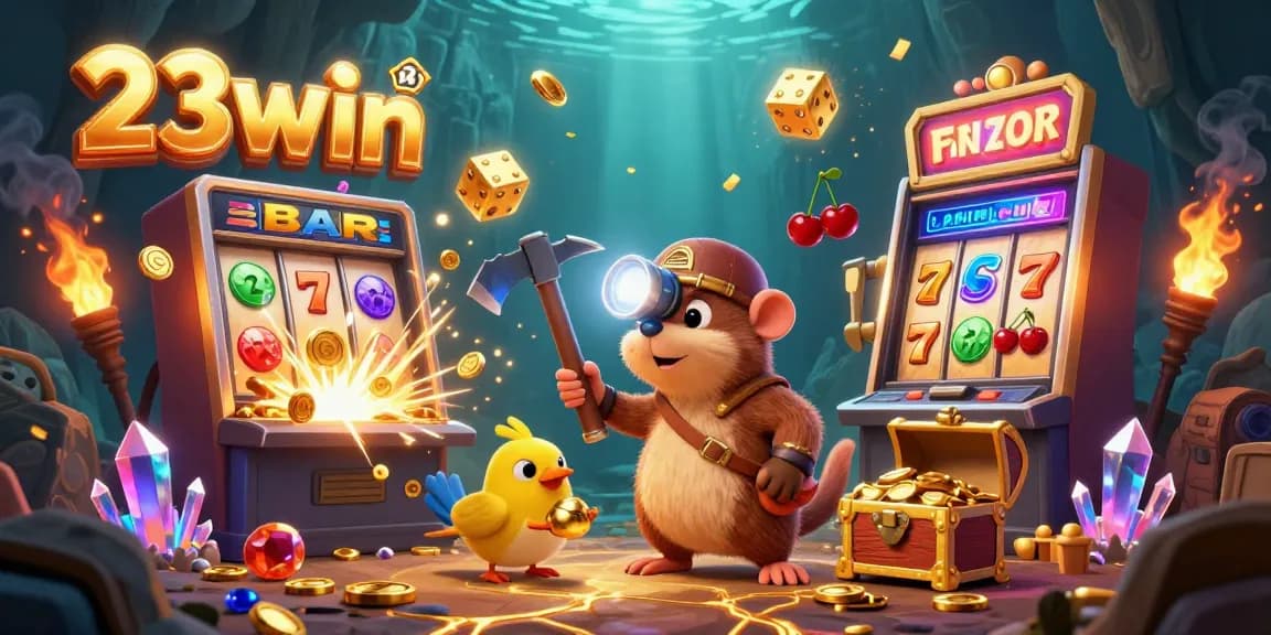 Exciting jackpot action at 23win with colorful slot machine explosion and wealth-gaining treasures.