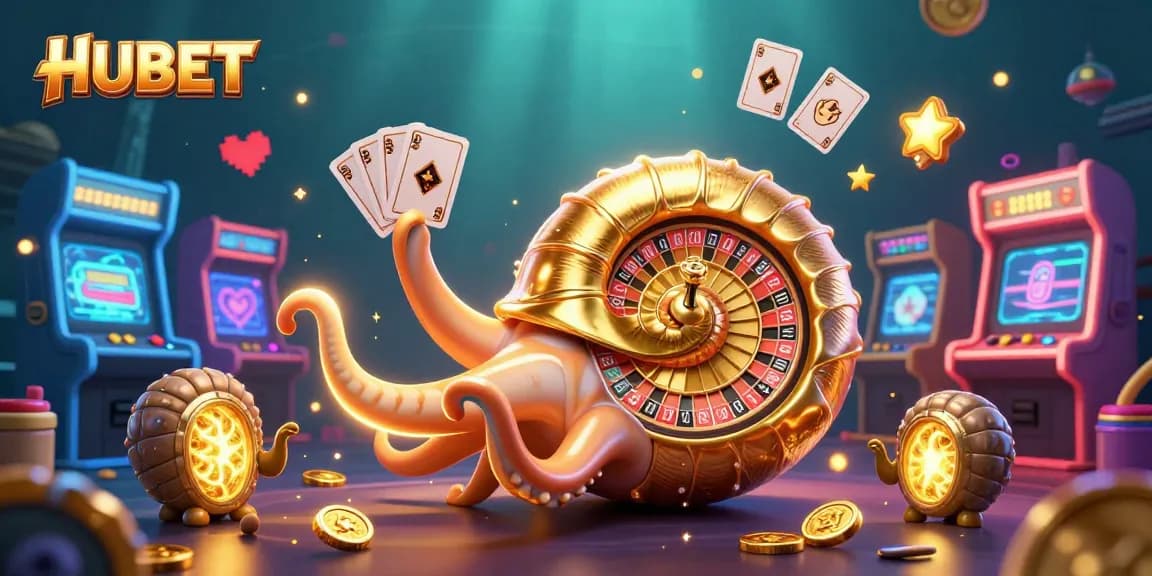 Engage in thrilling gameplay with HUBET's exciting 3D casino scene featuring vibrant characters and game elements.