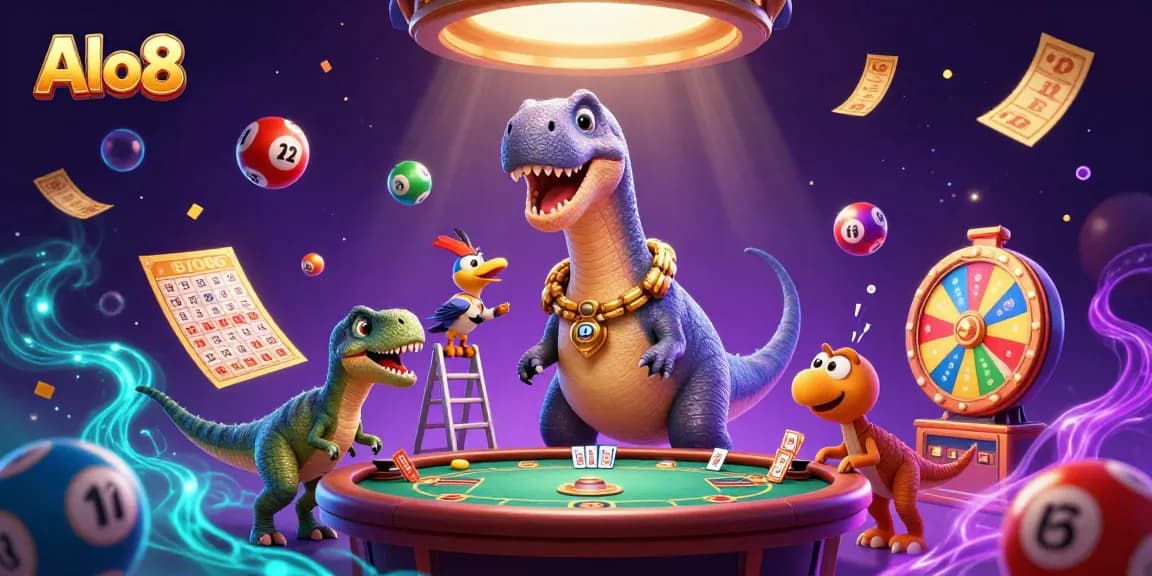 Alo8 brings excitement as a dinosaur towers in a vibrant casino scene filled with lottery balls and game elements.