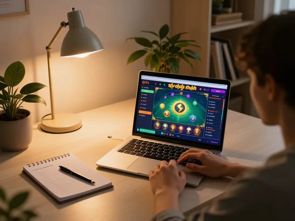 Engaging in game bài đổi thưởng gameplay on a laptop in a cozy home office setup