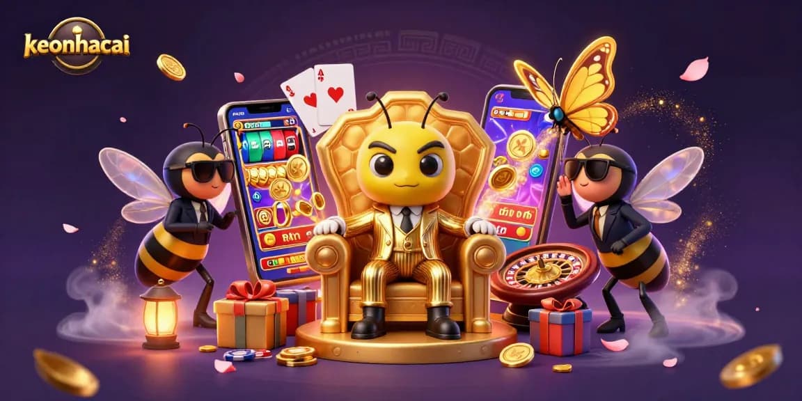 Engage with keonhacai's vibrant casino scene showcasing a bumblebee mob boss and interactive game elements.