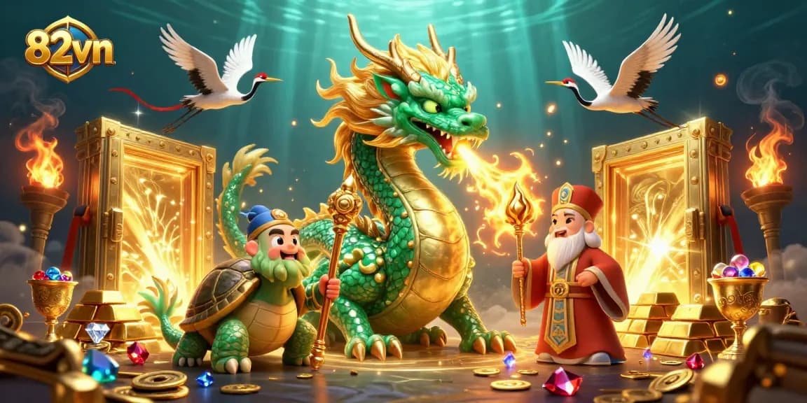Engaging 82vn casino experience featuring a dragon, turtle sage, and lucky cranes amidst treasures.