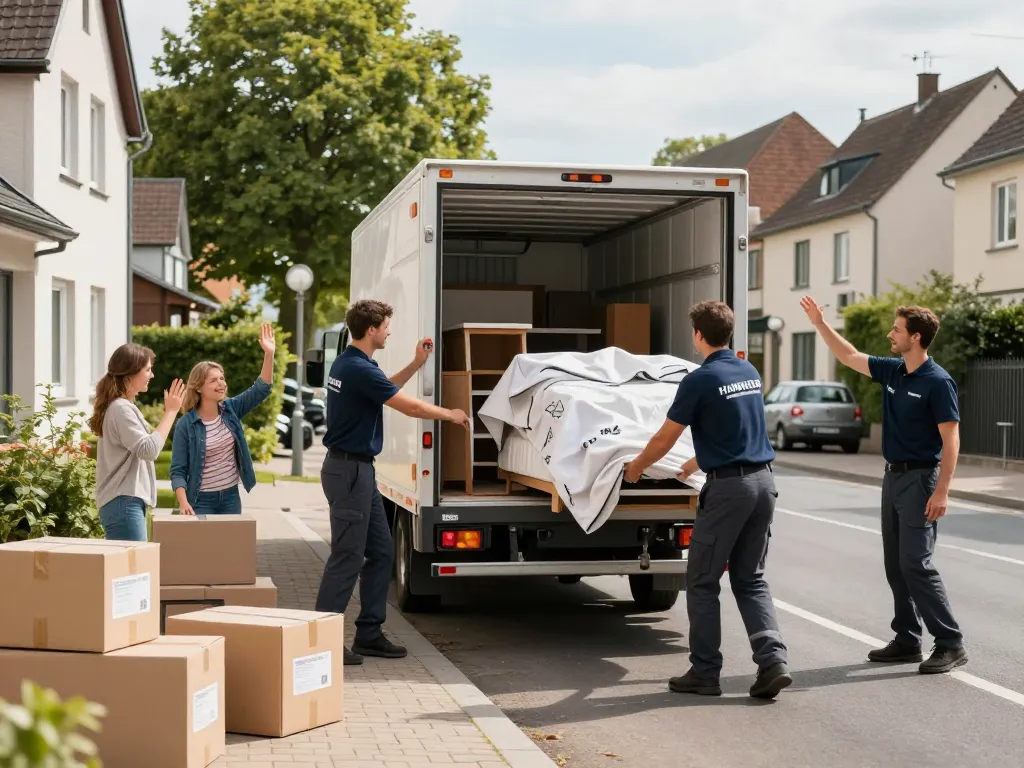 Professionelles Umzugsteam von Umzugsunternehmen Hannover lädt Möbel sorgfältig in einer malerischen Nachbarschaft.