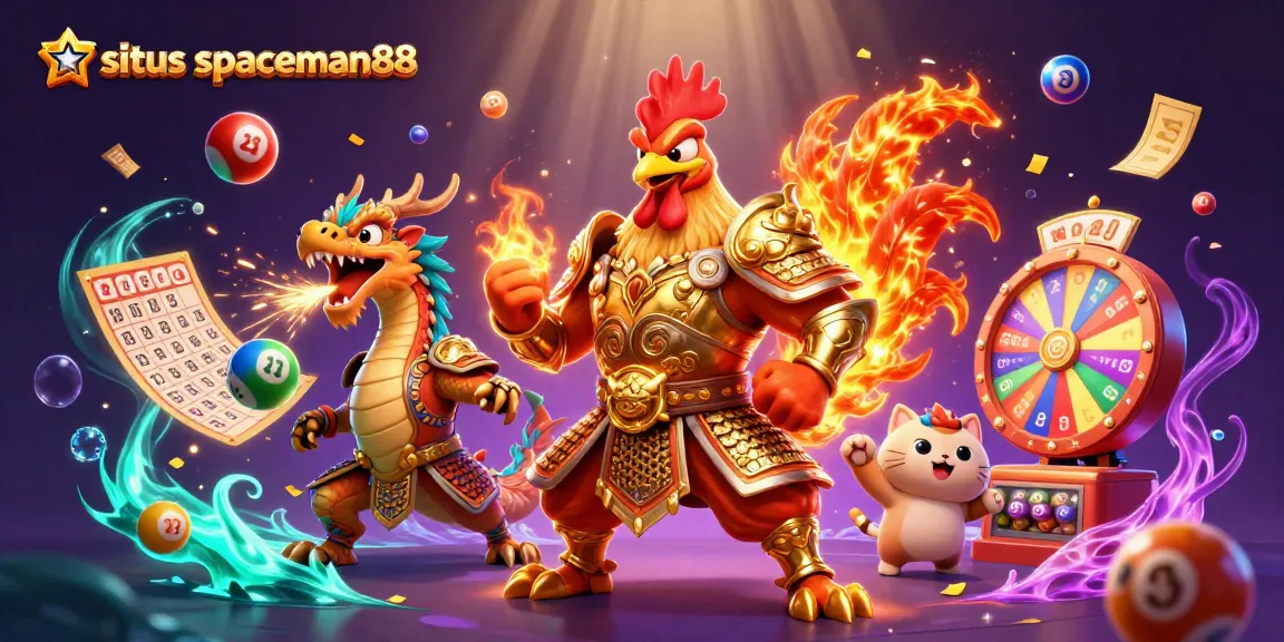 Engage with situs spaceman88's vibrant gaming scene featuring a dynamic rooster warrior, armored dragon, and cheerful fortune cat.