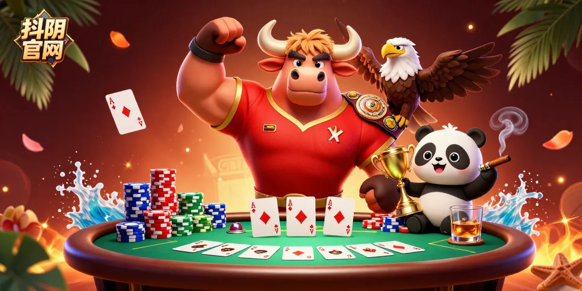 Engage with 抖阴官网 featuring vibrant casino characters celebrating success with poker elements.