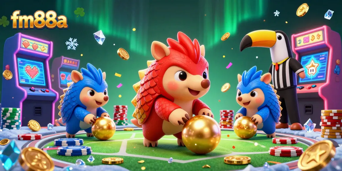 Experience vibrant gameplay at fm88a with rival pangolins in an exciting casino setting filled with golden poker chips.