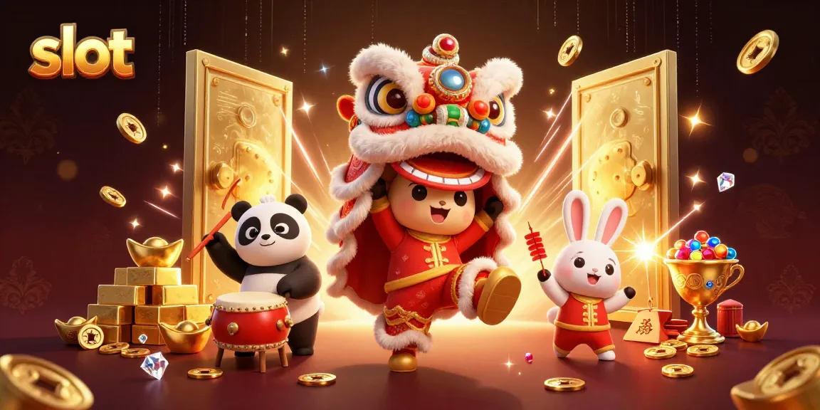 Slot yang menarik dengan karakter tarian singa, uang emas, dan efek cahaya megah.