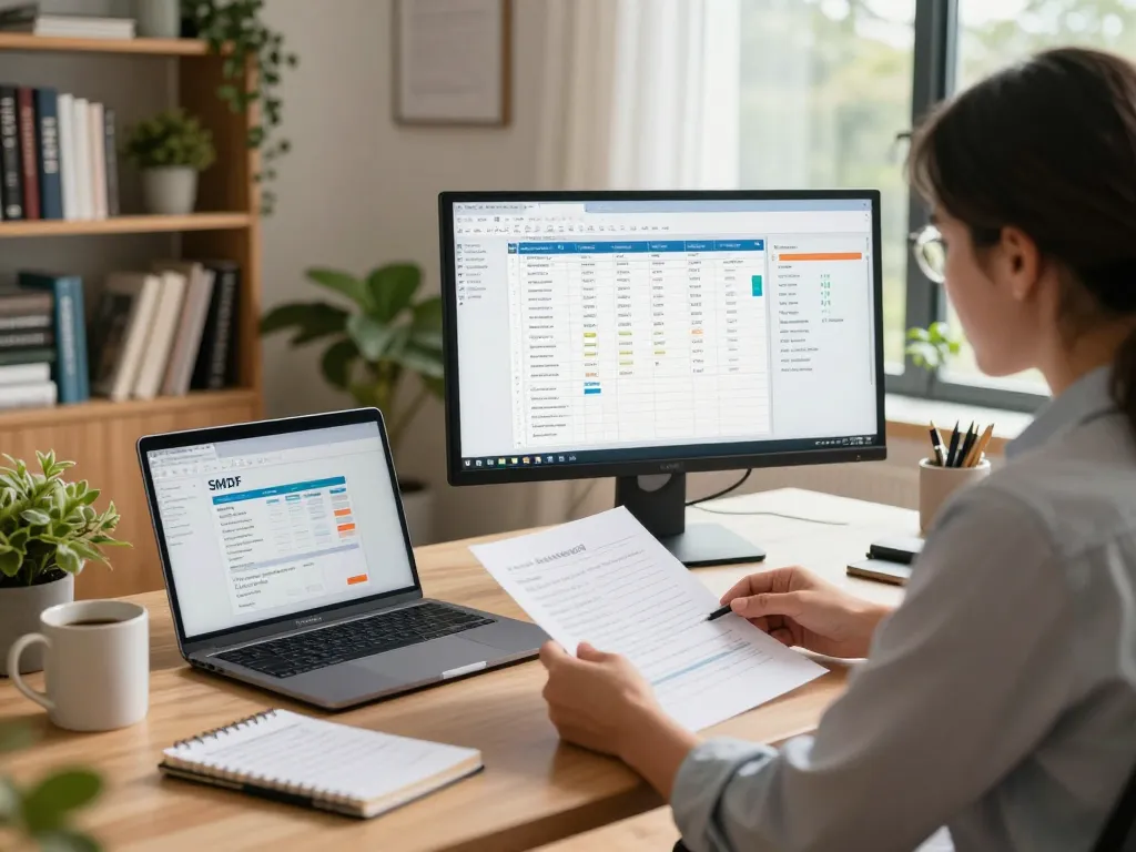 SMSF Accountant reviewing financial documents in a professional home office setting.