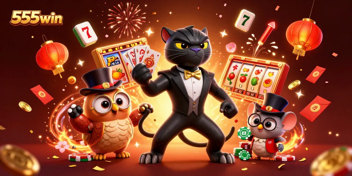 Engage with thrilling slots at 555win, featuring a black panther dealer, owl, and lucky mouse in a vibrant casino setting.