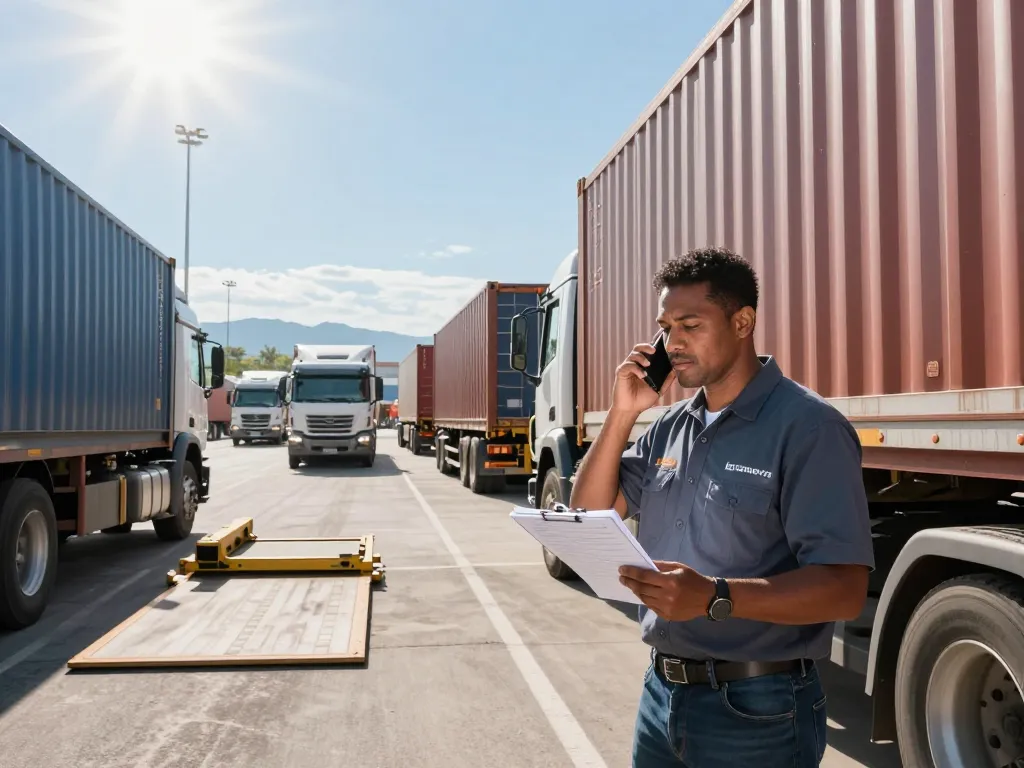 Owner-operator discussing insurance options while checking truck condition to get truck insurance quote efficiently.