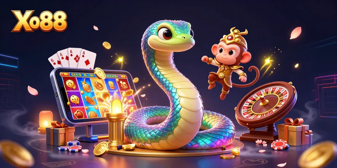 Xo88 offers a vibrant 3D digital illustration of a rainbow serpent surrounded by casino elements like slot games and poker.