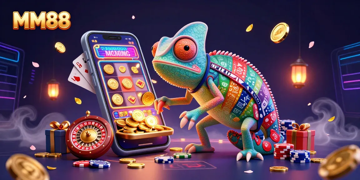 Engage with MM88's thrilling casino experience, featuring a vibrant chameleon and dynamic gaming elements.