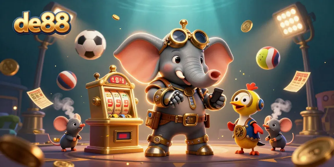 Engage with de88's vibrant gaming world featuring steampunk elements, slot machines, and sports action.