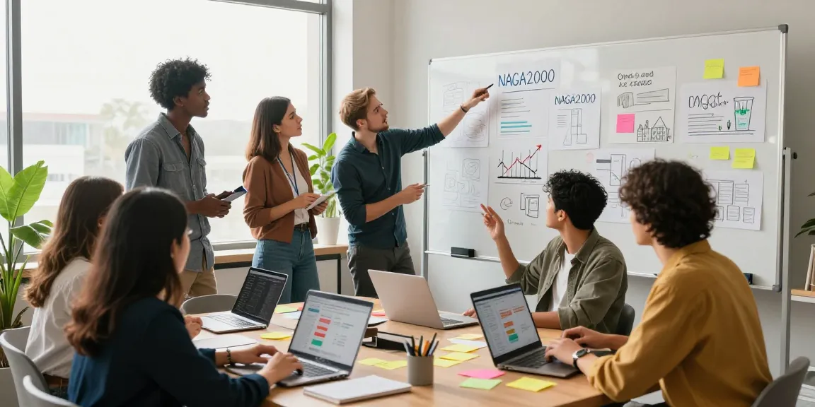 Team brainstorming innovative startup ideas at NAGA2000 workspace, showcasing entrepreneurial spirit and collaboration.