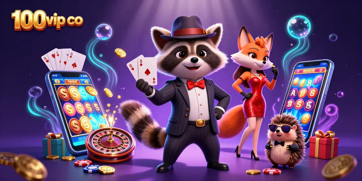 Experience excitement with 100vip co as raccoon, fox, and hedgehog celebrate casino wins and gaming