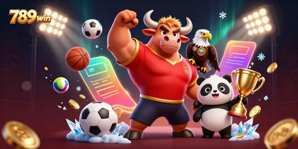 Winner's celebration with 789win mascot, eagle, and panda in a dynamic casino scene.