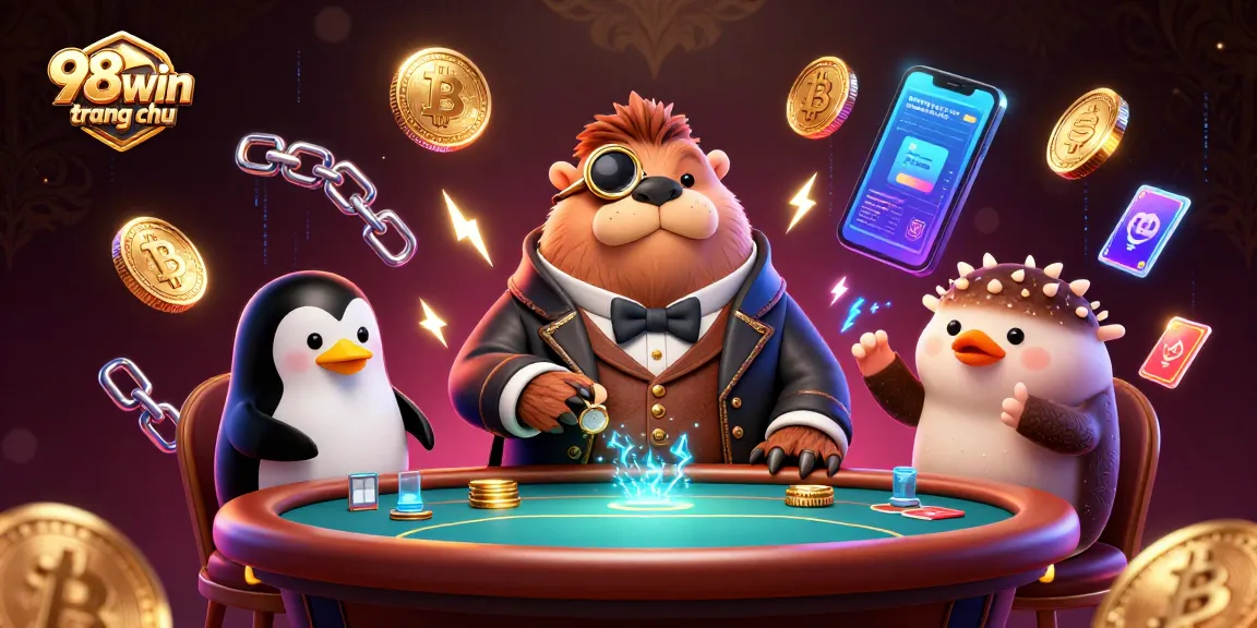 Engage with 98win trang chu in an underwater poker game environment, featuring a jolly walrus and dynamic crypto elements.