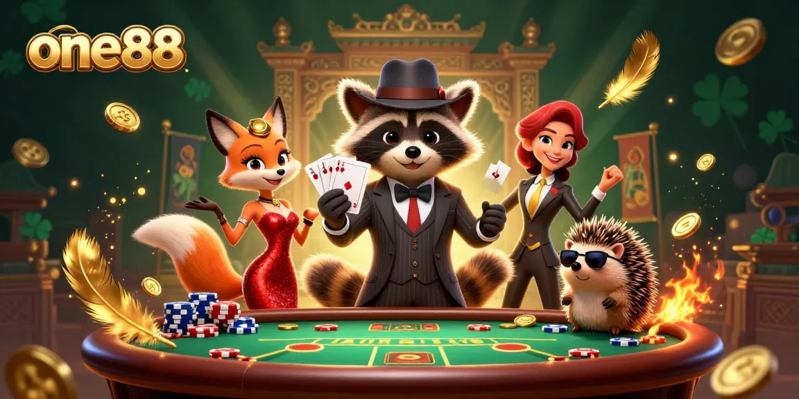 Experience one88's thrilling poker scene with a suave raccoon, glamorous fox, and a vigilant hedgehog.