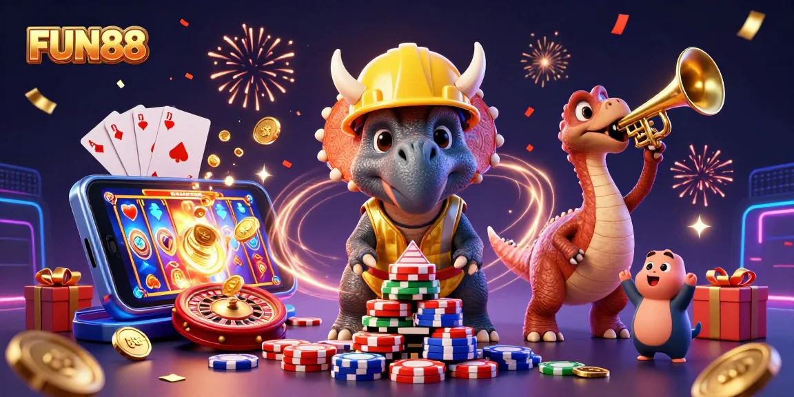Creating excitement with FUN88 as cartoon dinosaurs build a poker chip pyramid in a vibrant casino scene.