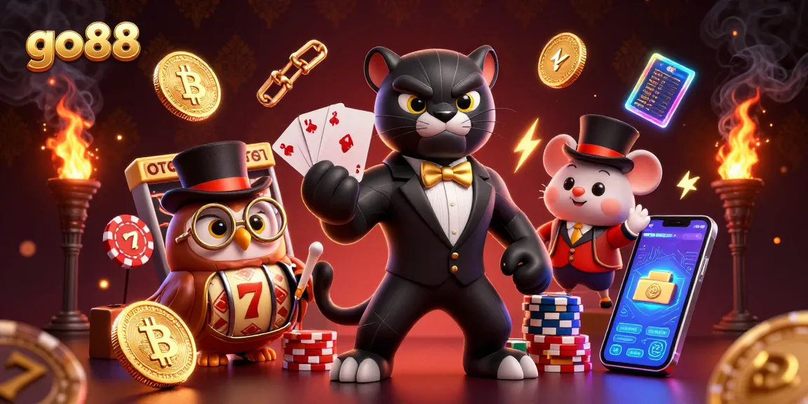Experience thrilling gaming with go88 through 3D illustrated casino scene featuring charismatic characters.