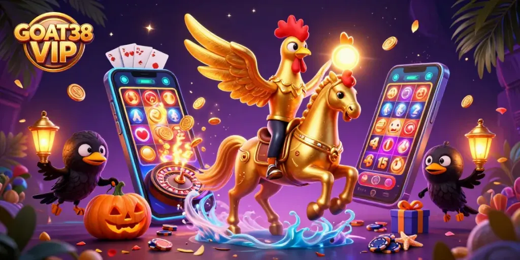 Experience GOAT38 VIP by winning big in this thrilling 3D casino scene with festive elements.