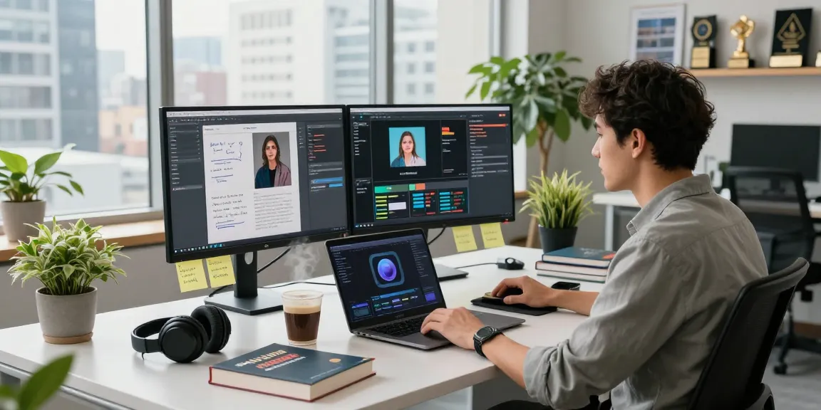 AI detector in use by data scientist analyzing AI-generated images, showcasing high-tech workspace.
