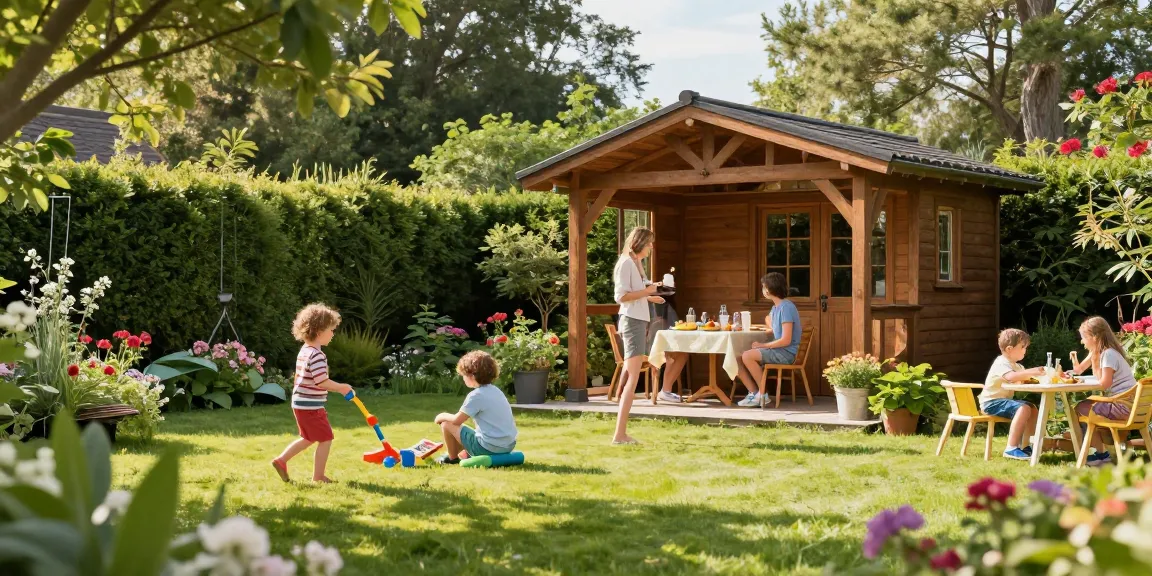 Schönes Gartenhaus beim sonnigen Gartenfest mit Familie und bunten Blumen.