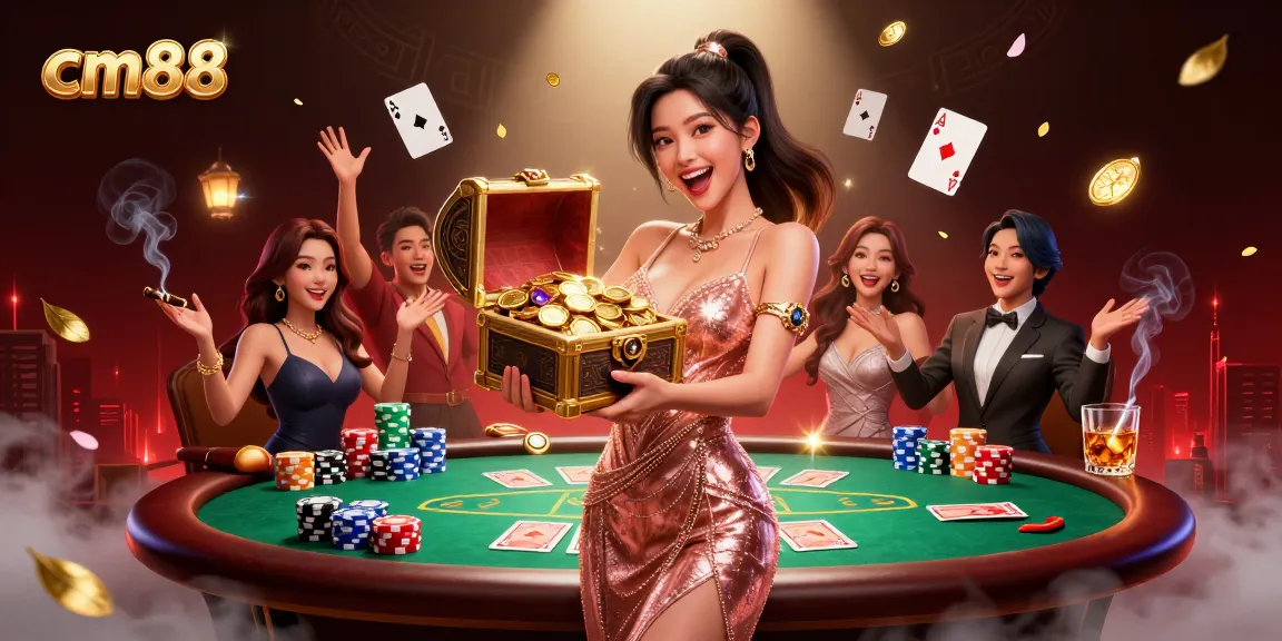 Win big with cm88 at a lively casino scene featuring a treasure chest overflowing with gold and gems.