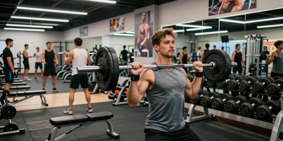 Entrenamiento en Esteroidesshop: hombre levantando pesas en un gimnasio moderno.