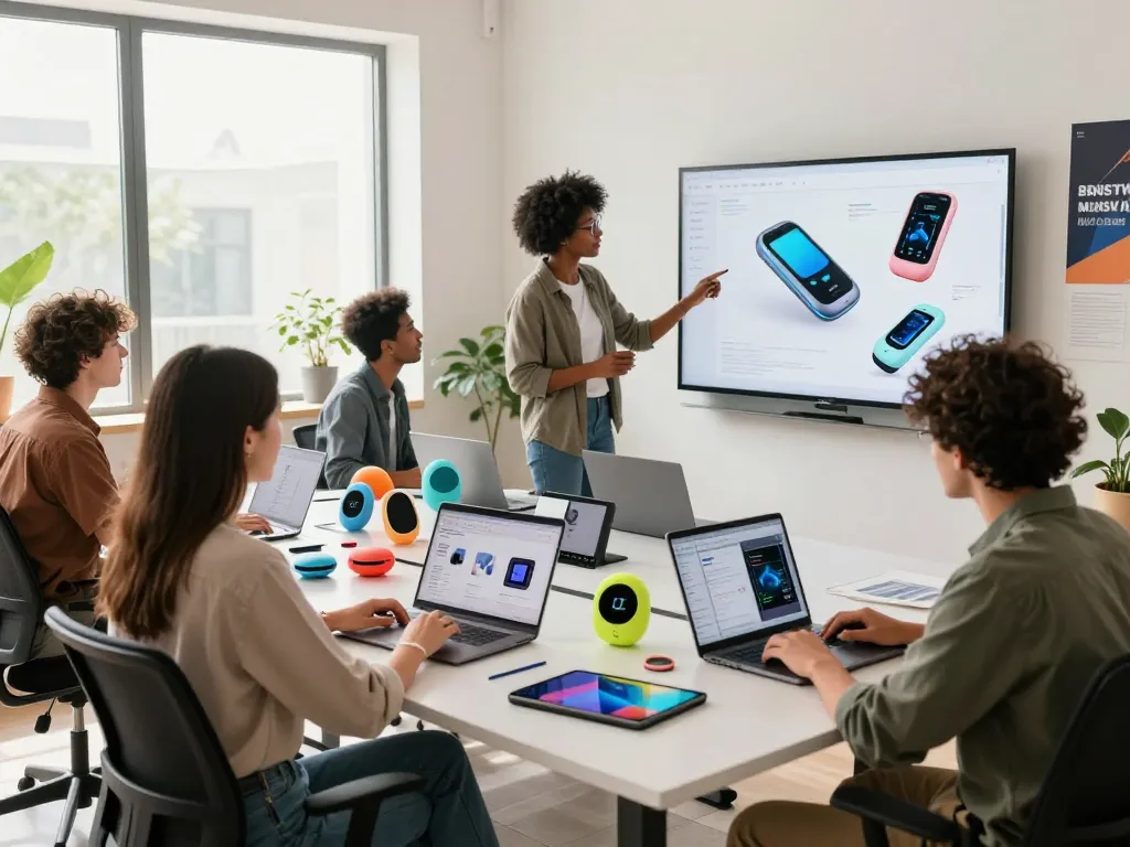 Innovative tech gadgets displayed in a modern workspace with professionals collaborating on designs.