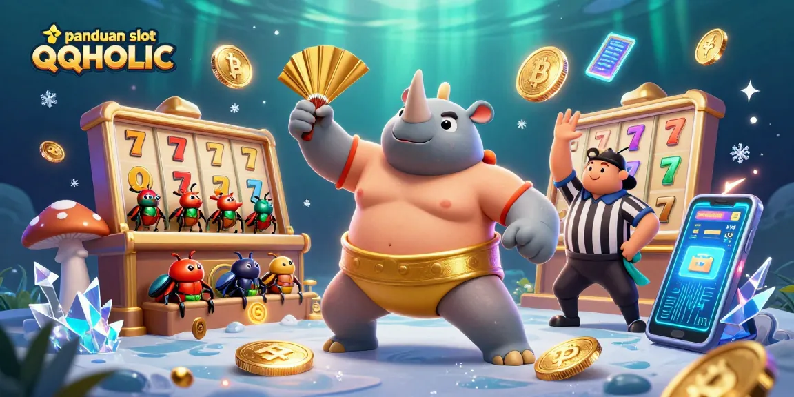 Experience thrilling slot action at QQHOLIC with the cartoon rhinoceros beetle champion amidst dazzling game elements.