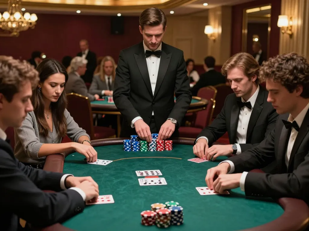 Des joueurs engagés dans une partie de poker en direct, illustrant l'atmosphère des meilleurs casinos en ligne remplie d'excitation et de jeu stratégique.