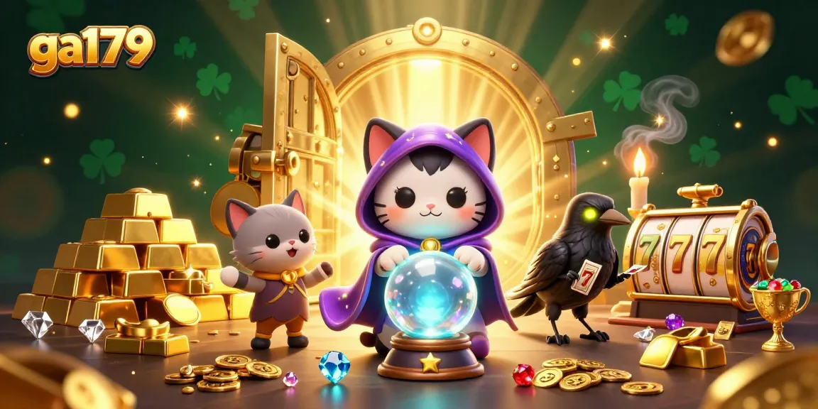 Engage with ga179's captivating casino scene featuring a mystic cat and treasures.