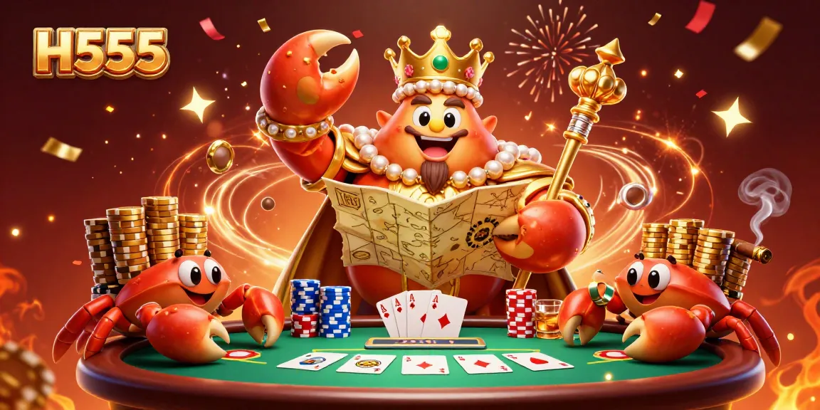 Experience the casino with H555, showcasing a dynamic crab emperor leading a vibrant gaming scene.