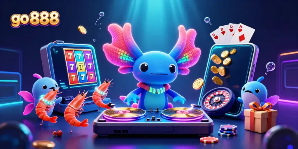 Experience go 888’s vibrant casino atmosphere with the unique axolotl DJ and lively characters.