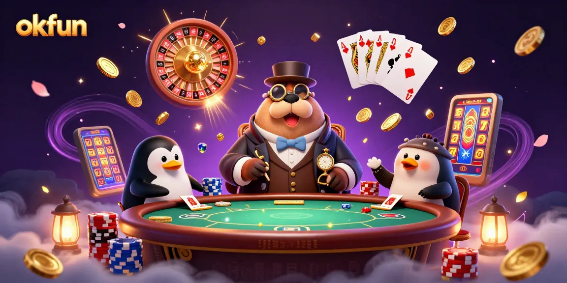 Experience thrilling poker action with okfun's vibrant 3D casino scene showcasing charming animated characters and dynamic game elements.