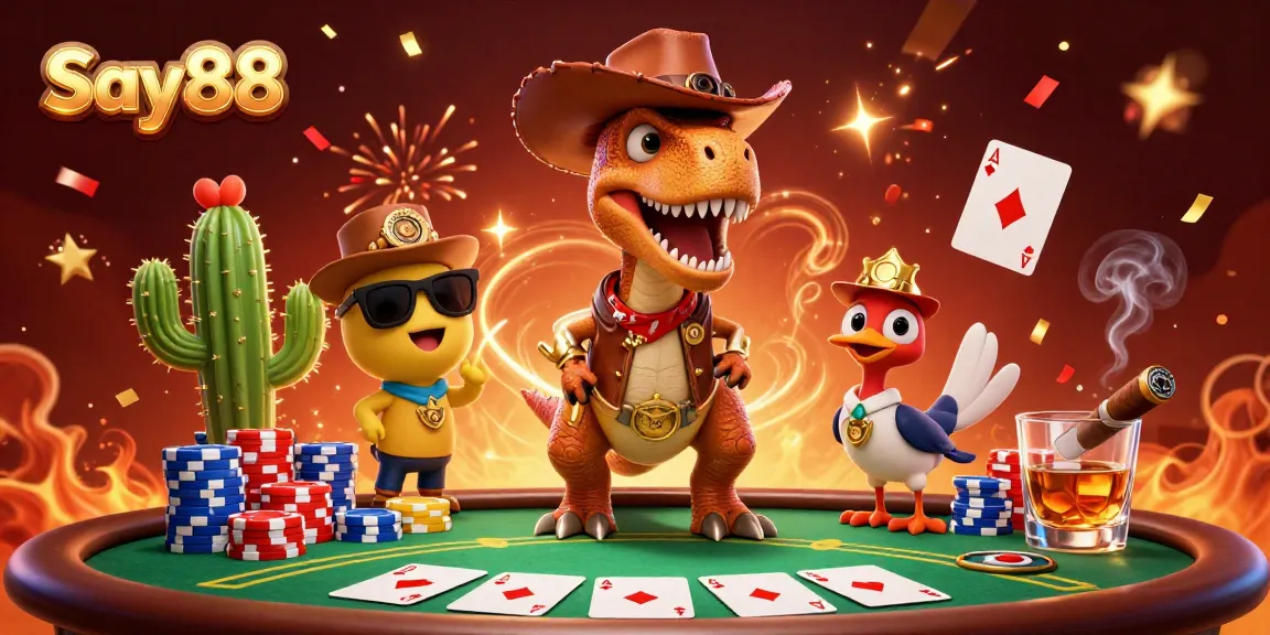 Experience thrilling gaming action at Say88 with a lively casino scene featuring poker and vibrant characters.