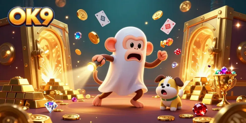 Experience the excitement of OK9 as a mischievous monkey juggles gold and treasures in a bustling casino.