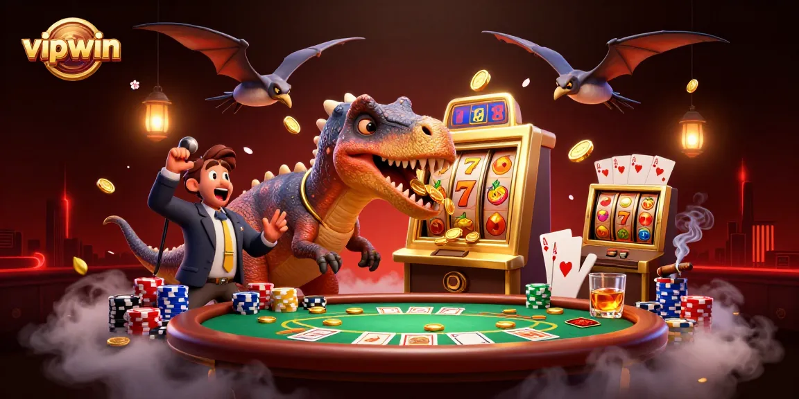 Experience vipwin excitement as cartoon dinosaurs win big at a dynamic casino scene!
