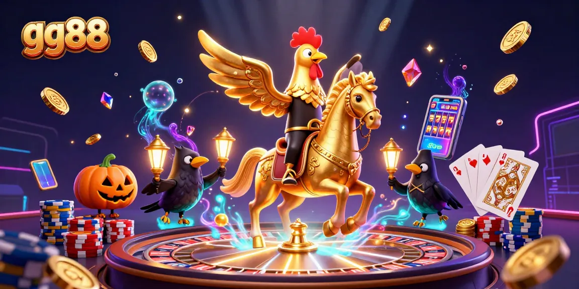 Experience the excitement of gg88 with a golden rooster and spectral horse amidst dazzling casino elements.