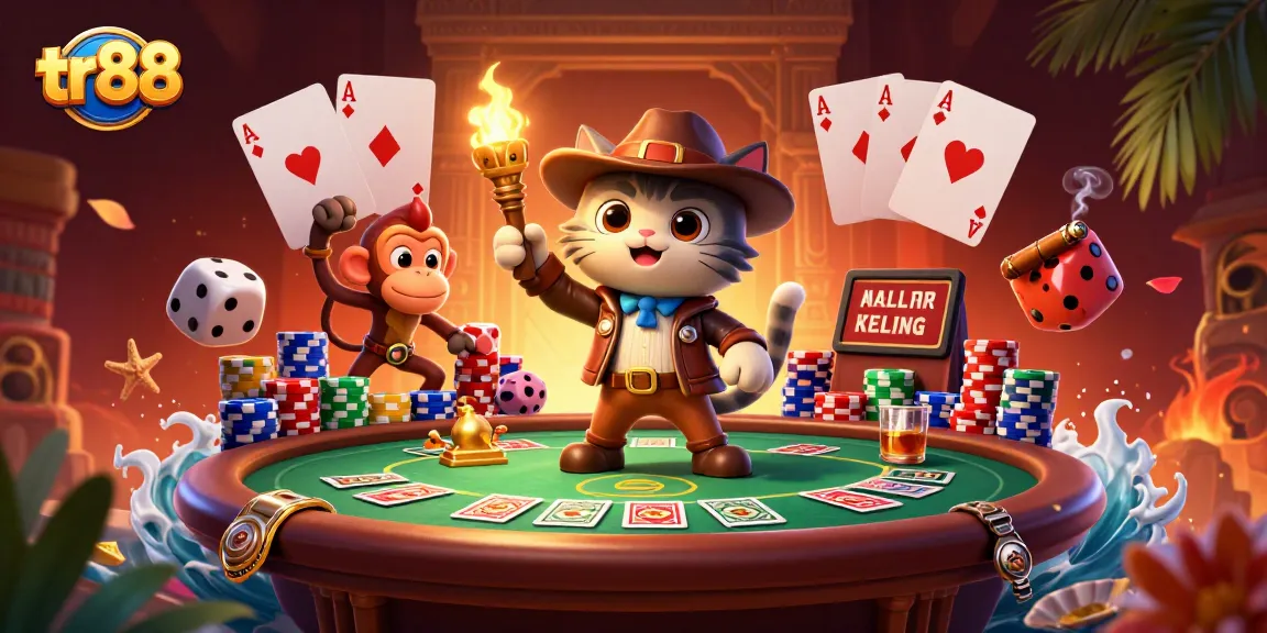 Experience thrilling moments at tr88 with a cat archaeologist and monkey companion discovering golden casino artifacts.