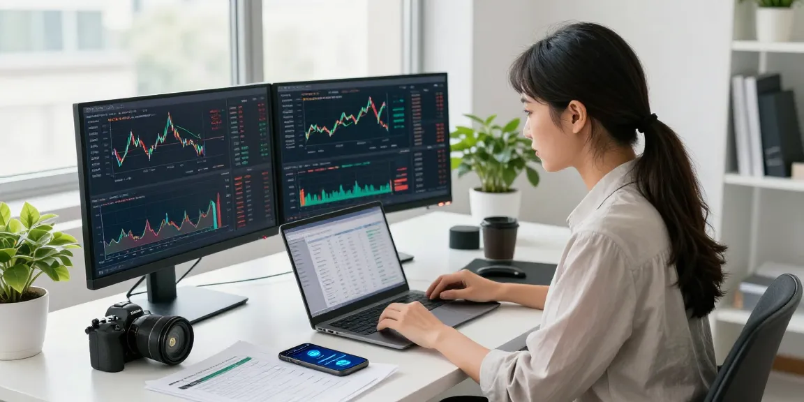 Engaged professional analyzing crypto price tracker data on dual monitors in a modern workspace.